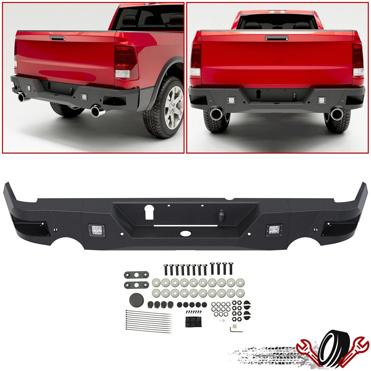 Black Rear Bumper for Dodge Ram 1500 (2009–2018) Dual Exhaust, LED Lights