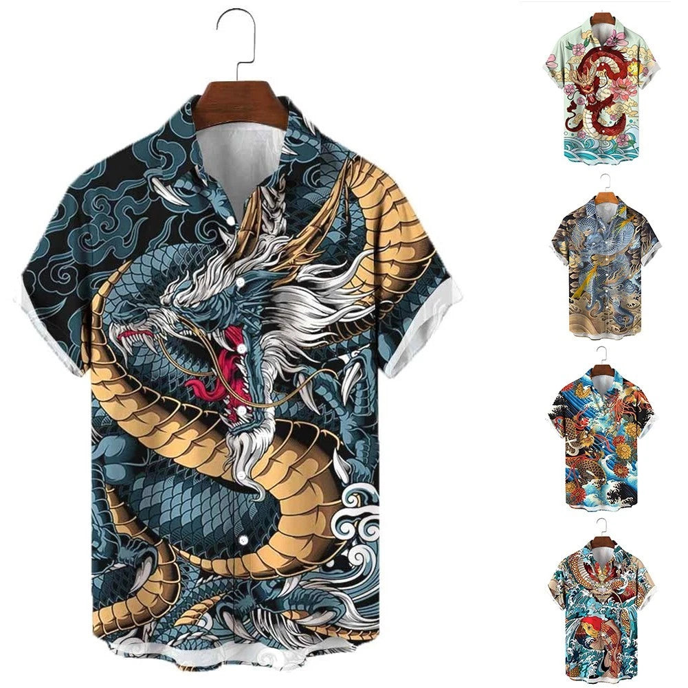 Casual Shirt for Men with Dragon Print, Short Sleeves (Beach Wear)