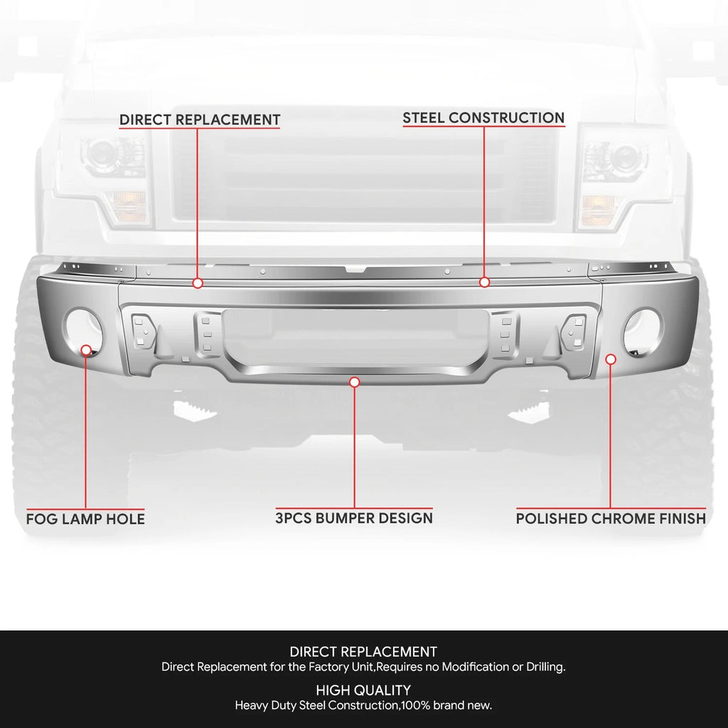 Front Bumper Face Bar for Ford F-150 (2009–2014) - Chrome, Fog Light Hole
