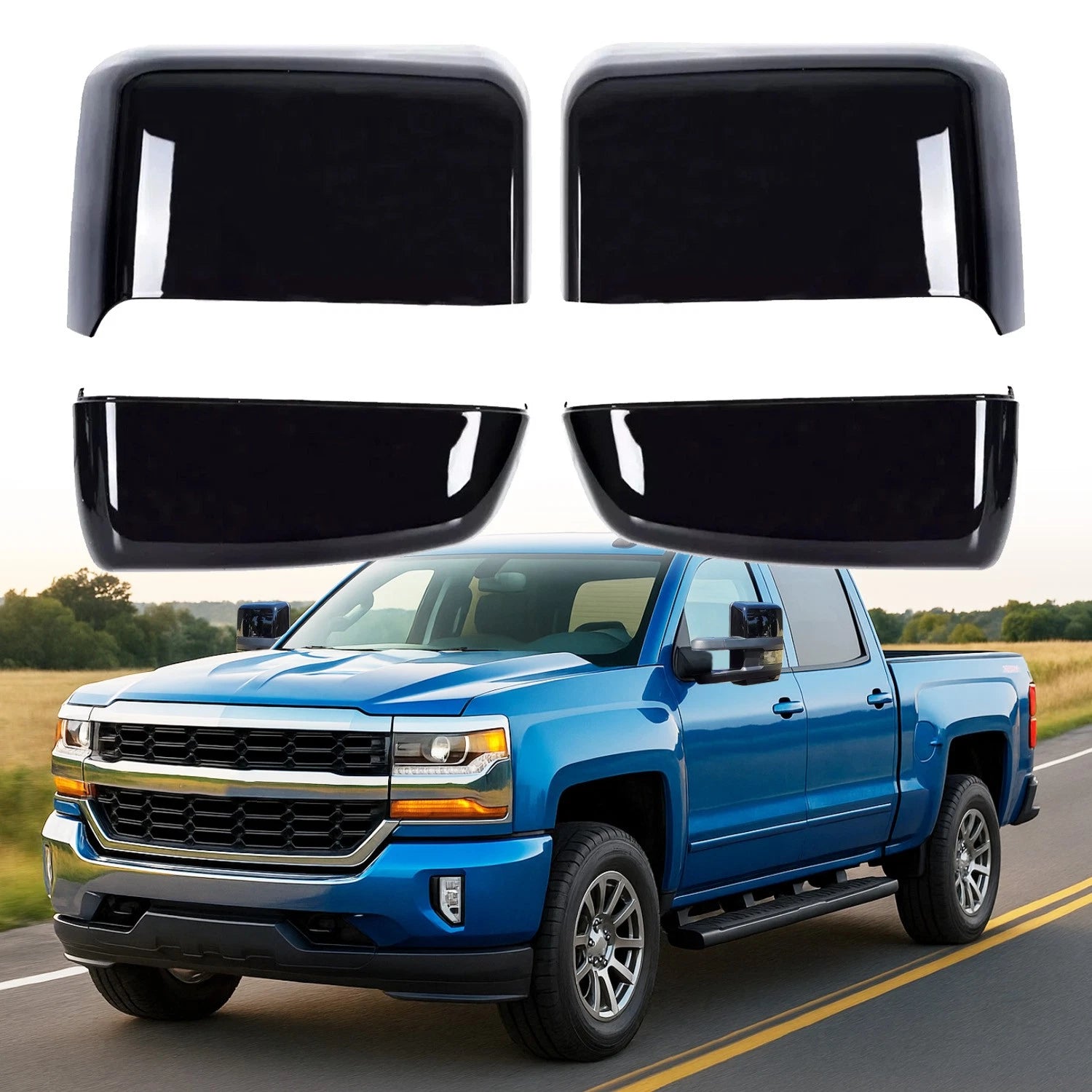 Set of 4 Tow Mirror Cap Covers for Chevy Silverado GMC Sierra (2014–2019) Glossy Black