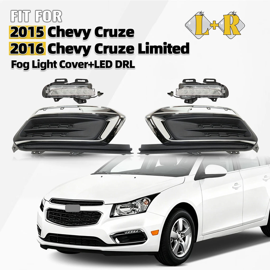 Set of 4 LED DRL Driving Lights + Fog Light Cover Bezels for Chevy Cruze (2015–2016)