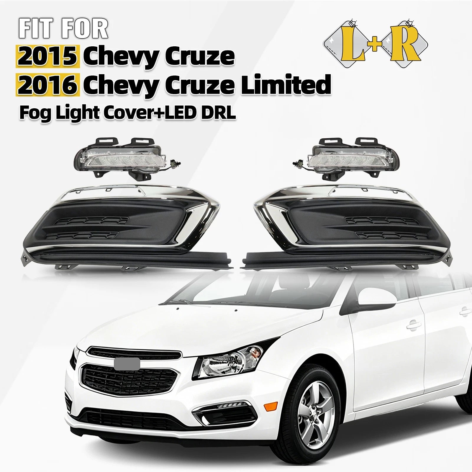 Set of 4 LED DRL Driving Lights + Fog Light Cover Bezels for Chevy Cruze (2015–2016)
