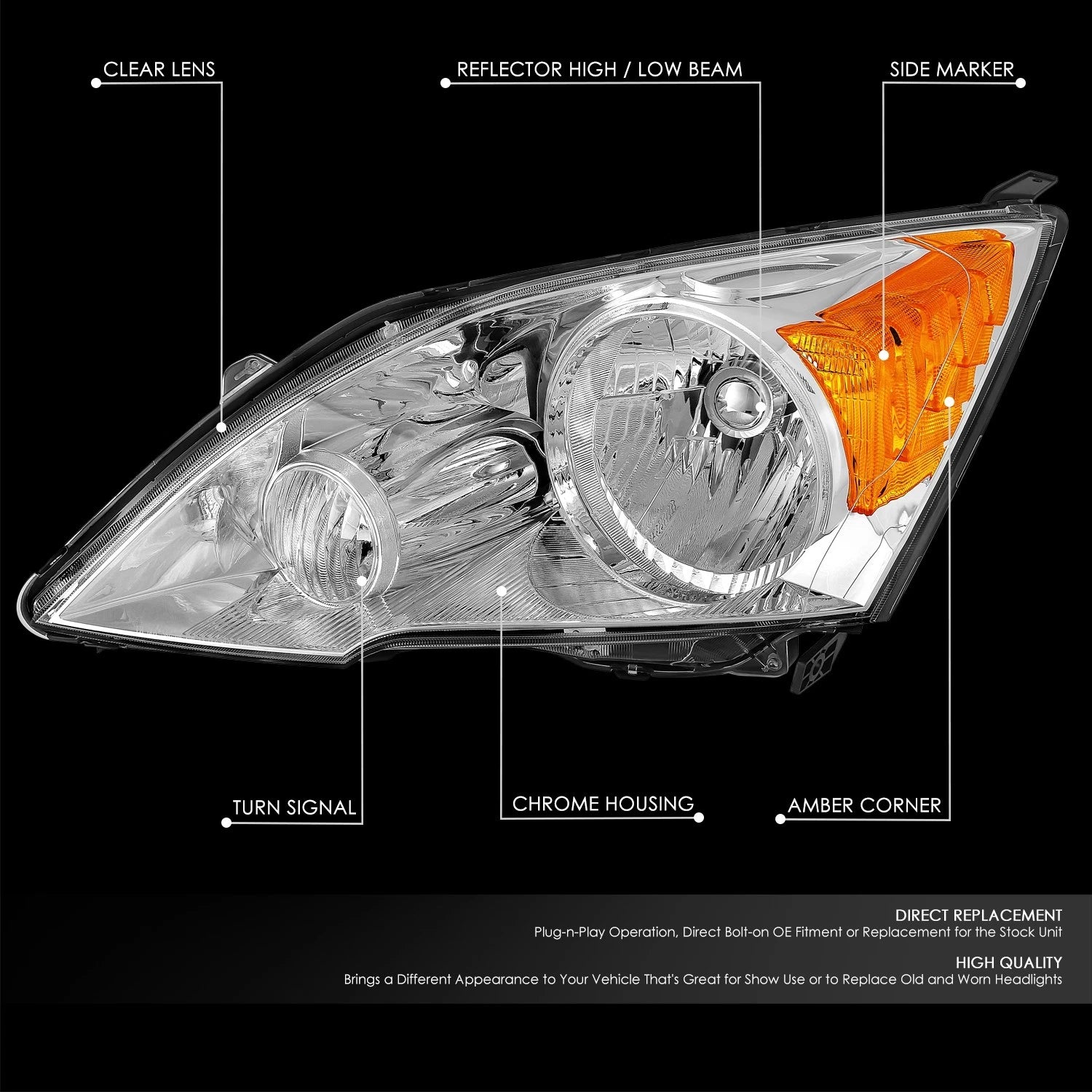 OE Style Chrome Housing Amber Corner Left Side Headlight for Honda CR-V (2007–2011)