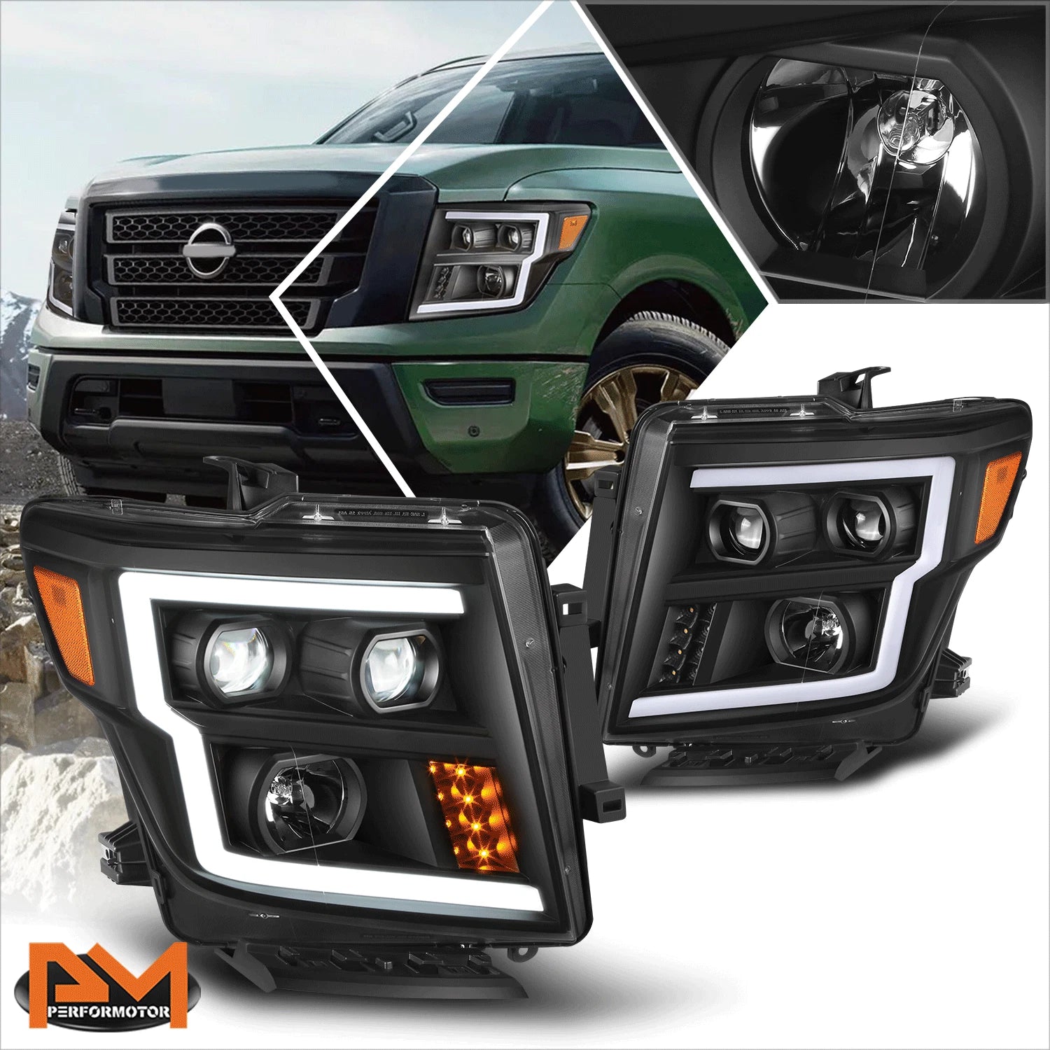 LED DRL Projector Headlights for Nissan Titan XD (2016–2024) Black/Amber