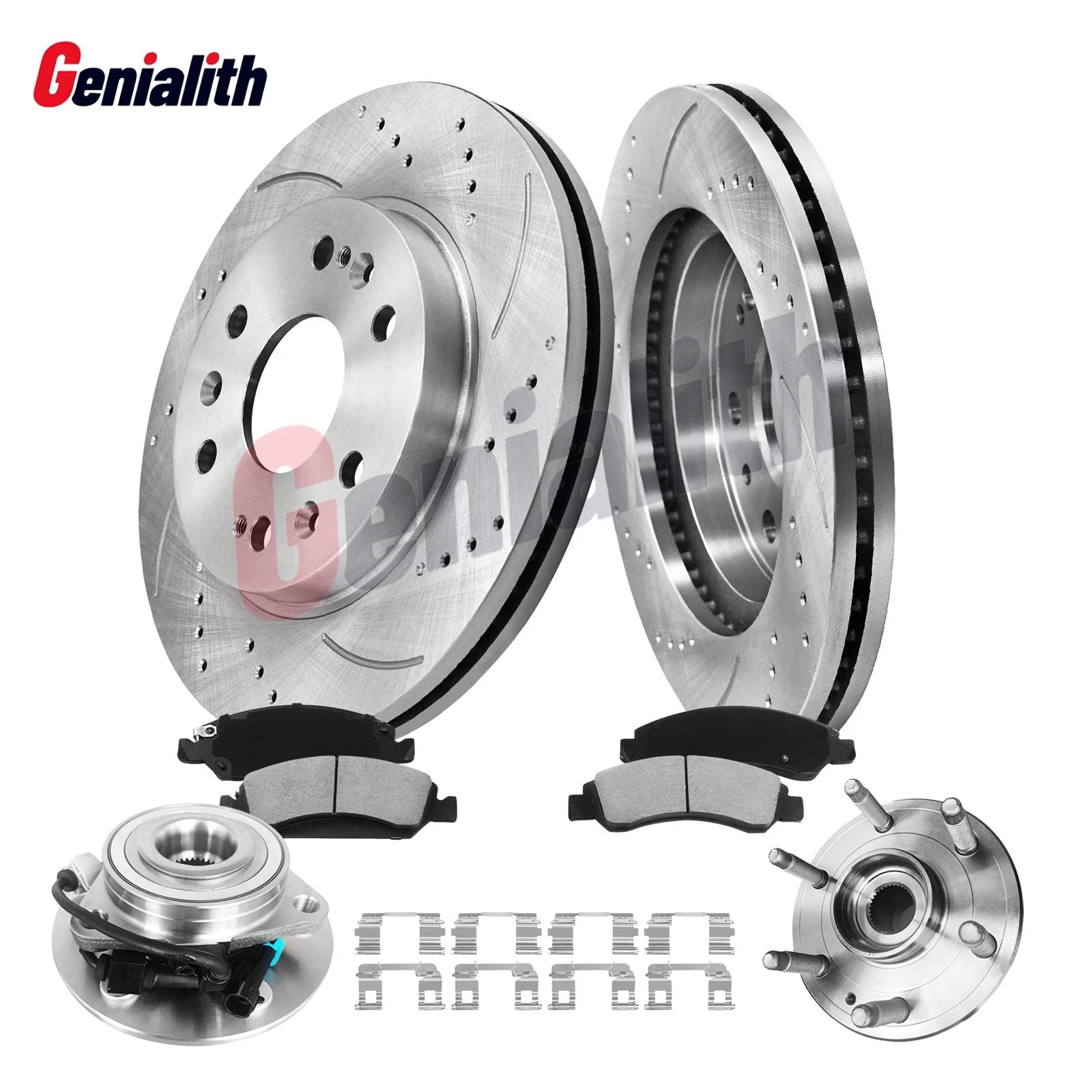 8Pcs Front Drilled Brake Rotors, Pads & Hub Bearings for Chevy Cadillac GMC