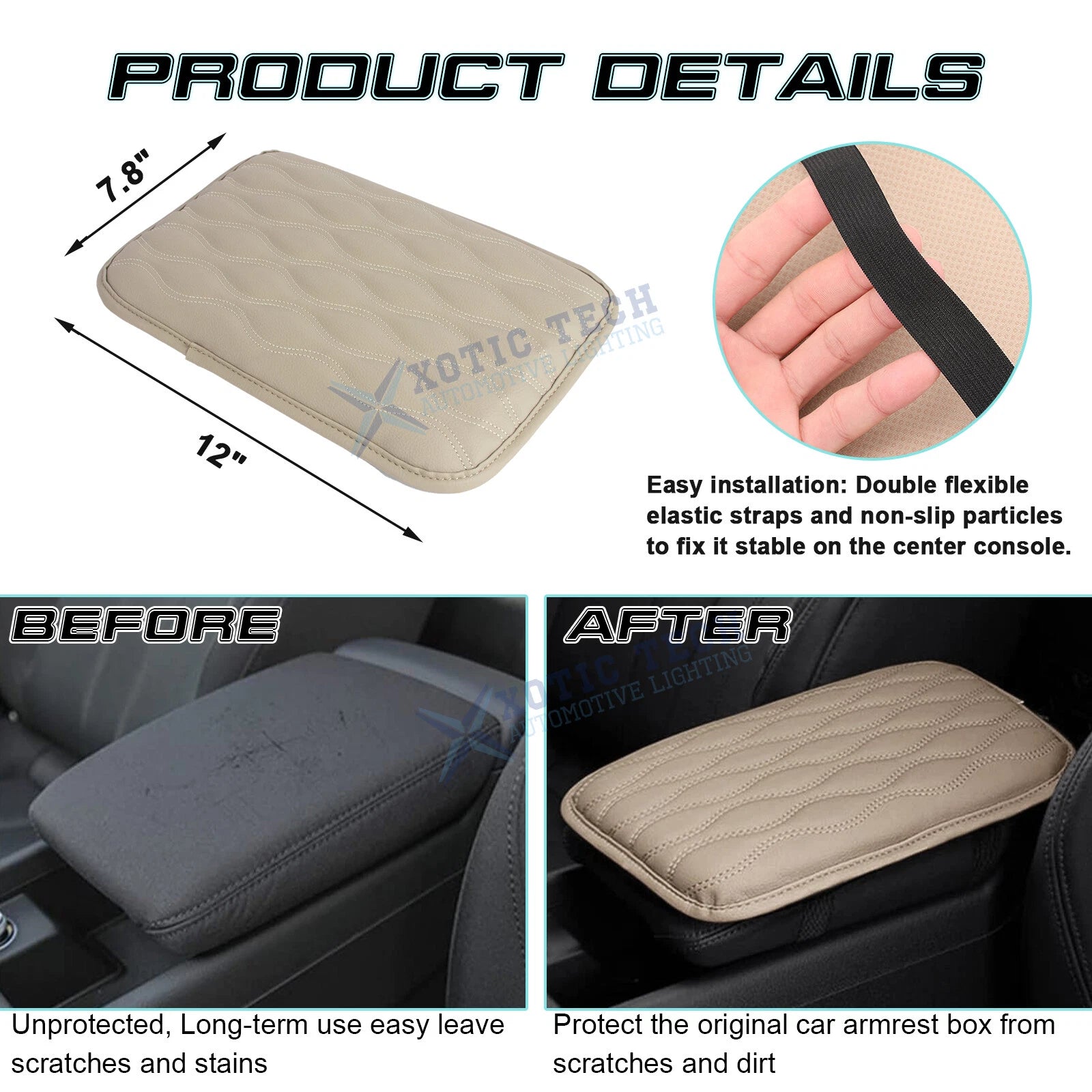 Beige PU Leather Armrest Box Pad Cushion Cover for Universal (-)