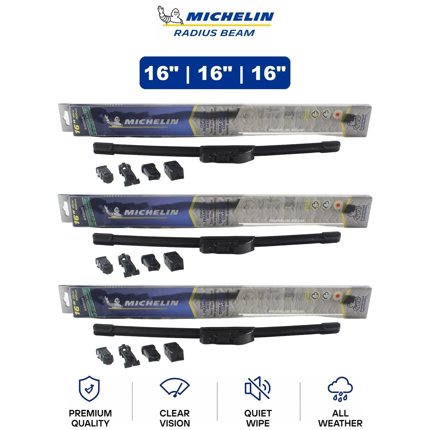 Set of 3 Michelin Radius Beam Wiper Blades for Ford Fairmont (1978–1981)