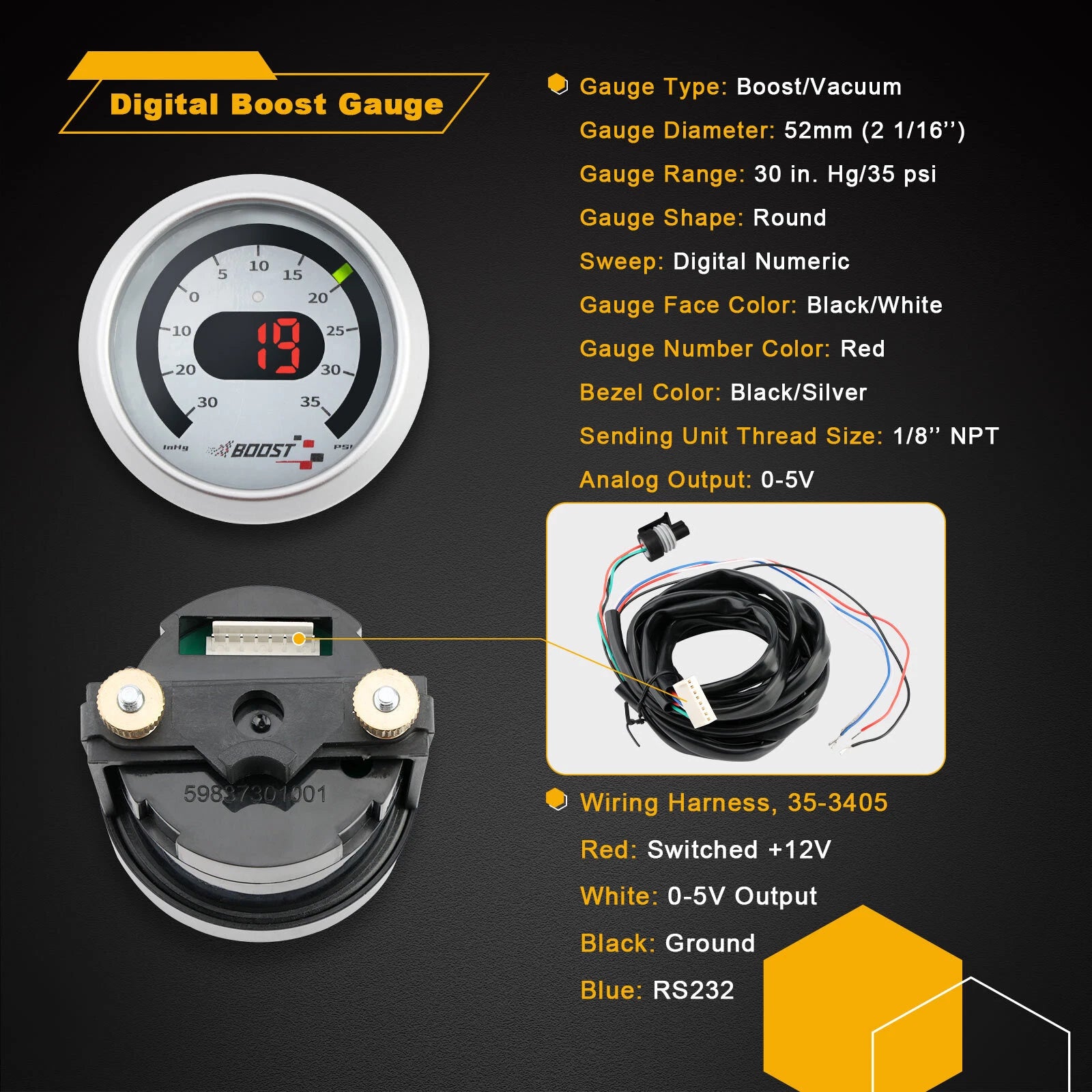 Digital Boost Pressure Gauge Kit for 30-4406 X-Series (30inHg ~ 35PSI)