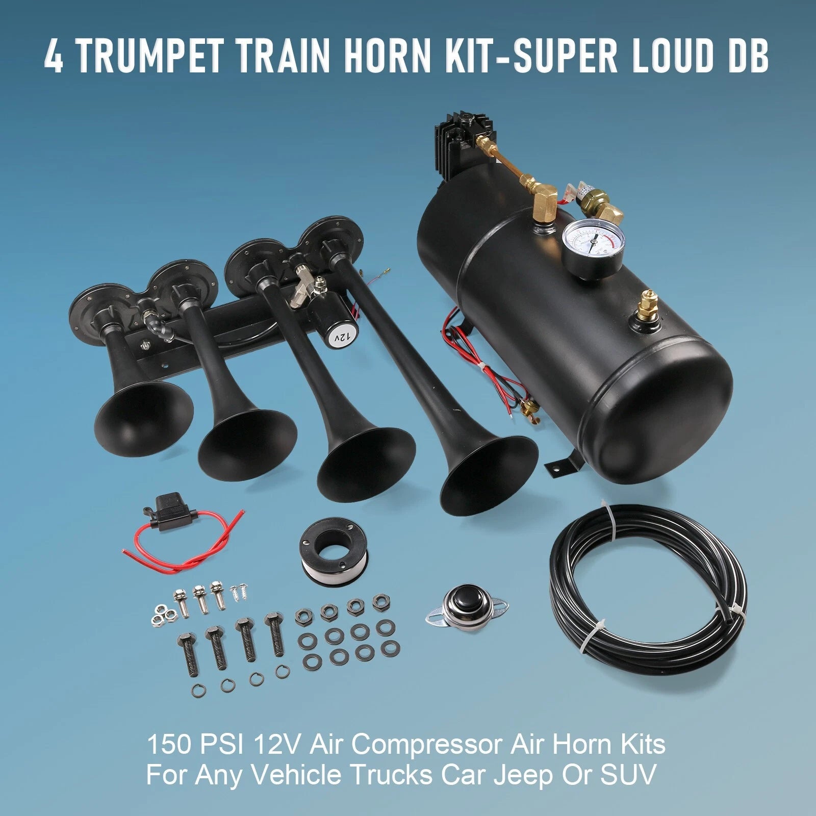 Set of 4 Trumpets Train Horns for Truck Car Pickup (150psi)