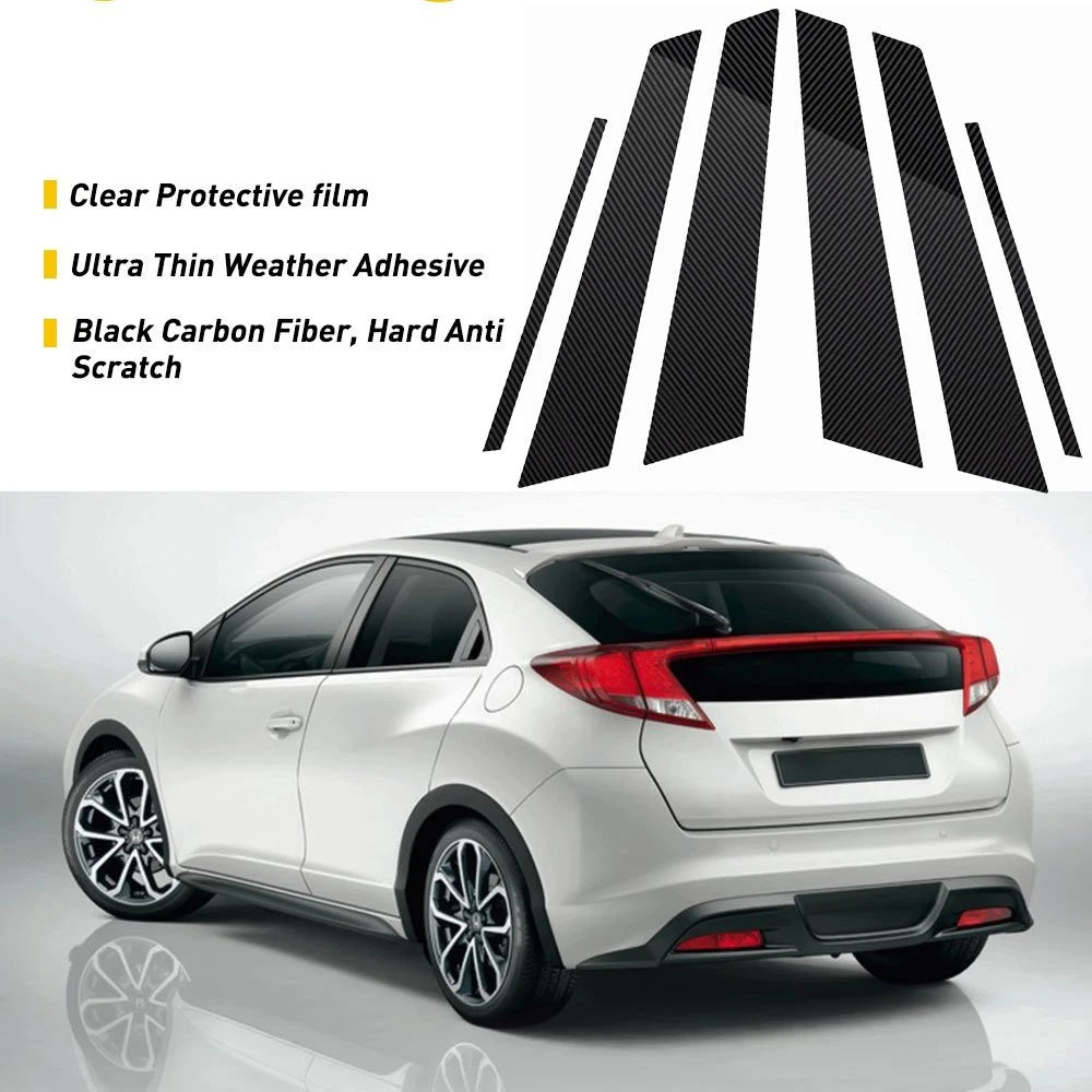 Set of 6 Carbon Glossy Fiber Pillar Post Window Door Covers for Honda Civic (2006–2011)