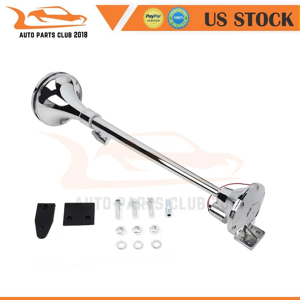 Chrome Silver Single Trumpet Air Horn Kit for Universal Vehicles 
