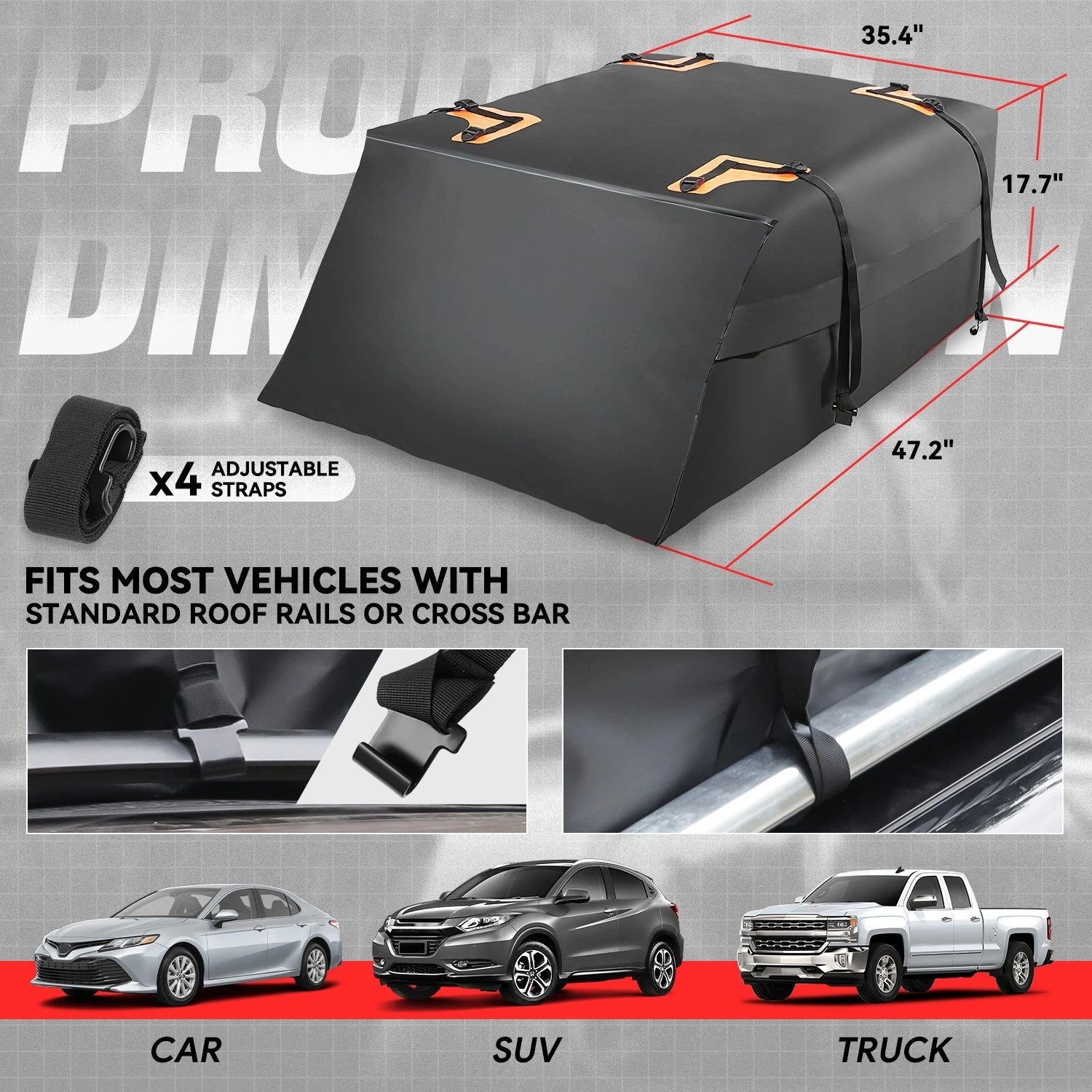 Roof Cargo Bag for Universal Fit (Waterproof, PVC Coated, 4 Straps)