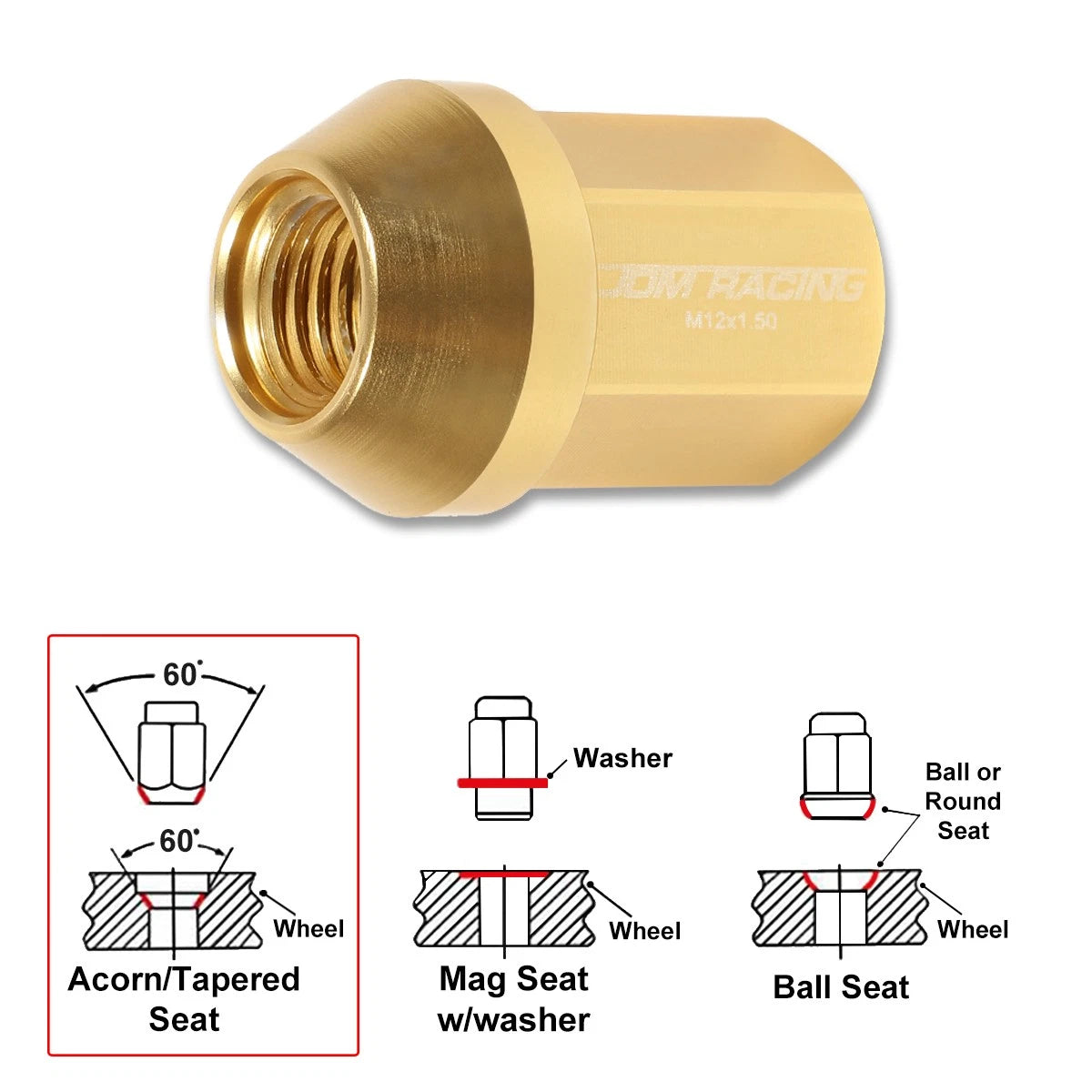 Set of 20 M12X1.5 Gold JDM Closed End Acorn Hex Wheel Lug Nuts + Extension 25mmx35mm