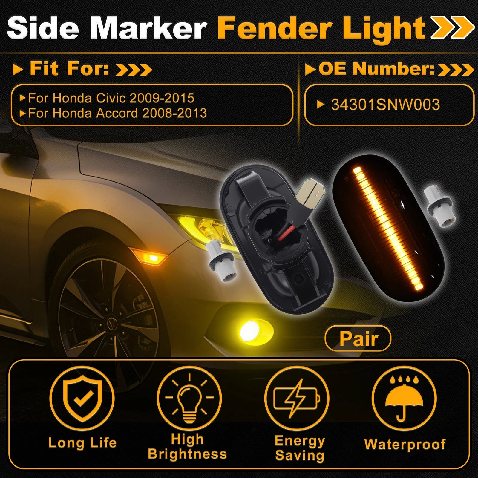 Side Marker Fender Light 34301SNW003 for Honda Civic (2009–2015) Smokey Black Lens