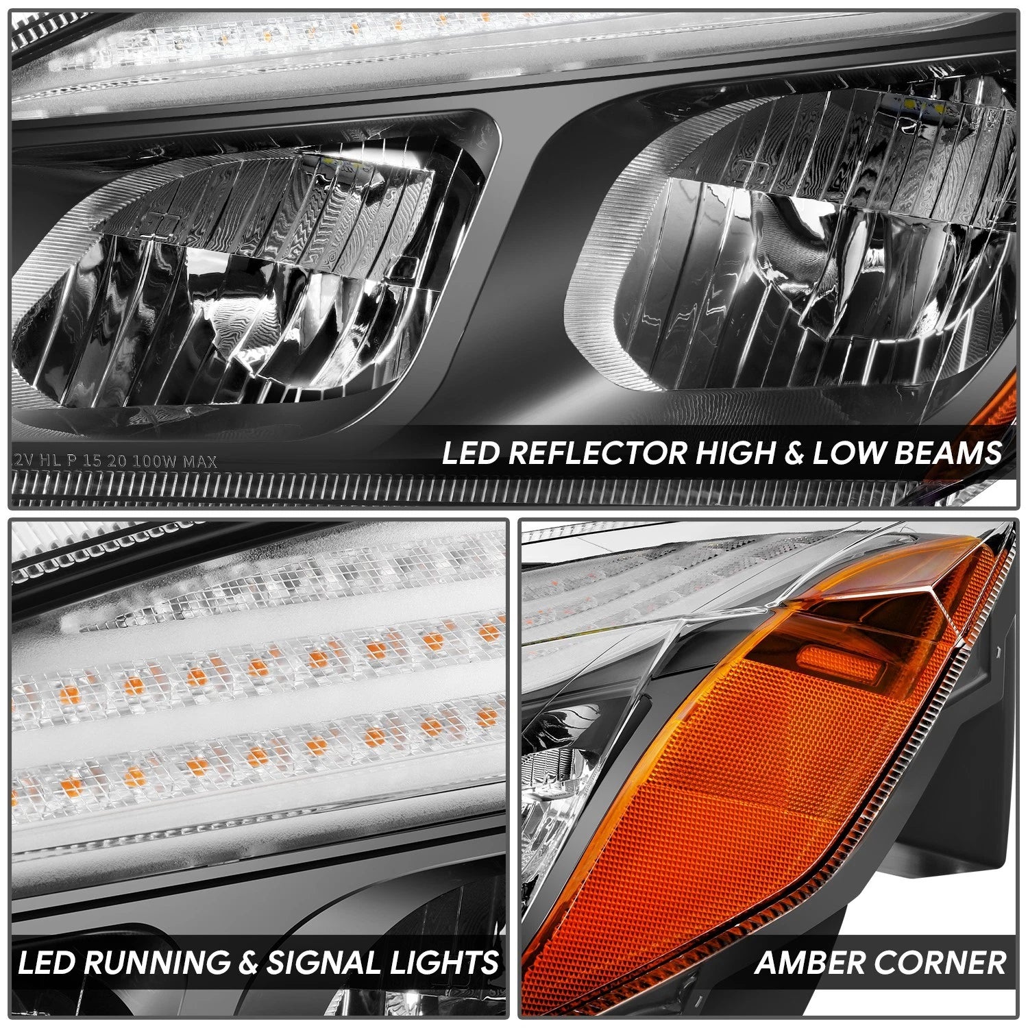 Pair of LED Headlights for Freightliner Cascadia (2018–2024) - Black Housing, Amber Corner