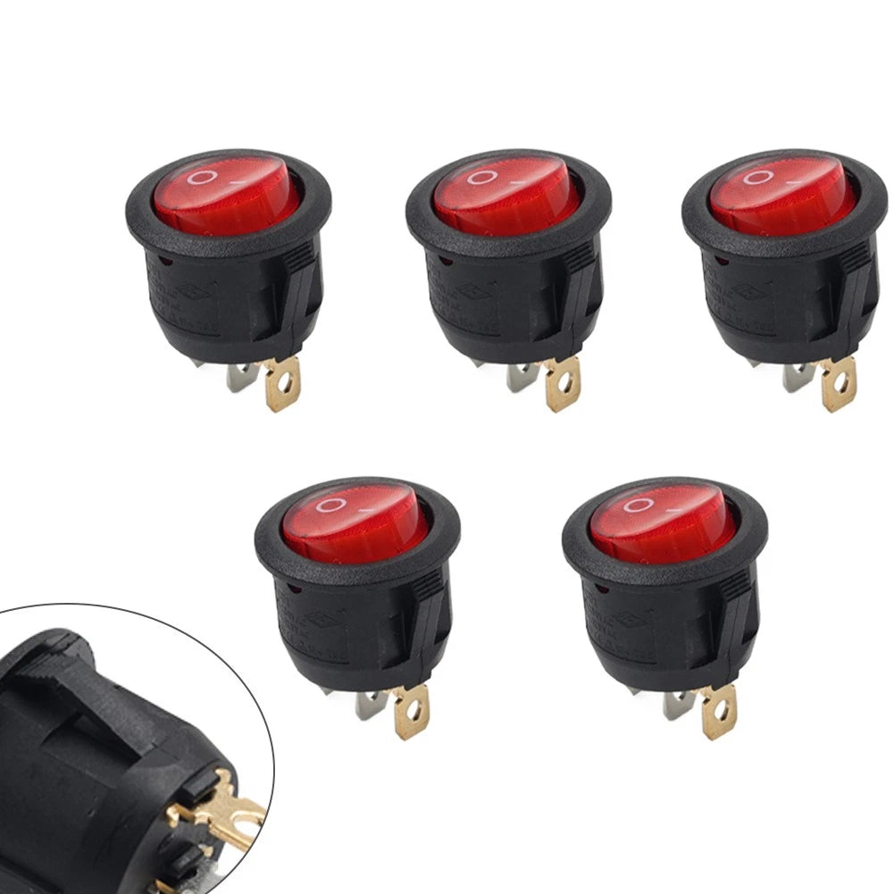 Set of 5 Round Red Lamp 3 Pins Boat Rocker Switch AC 6A 250V/10A 125V