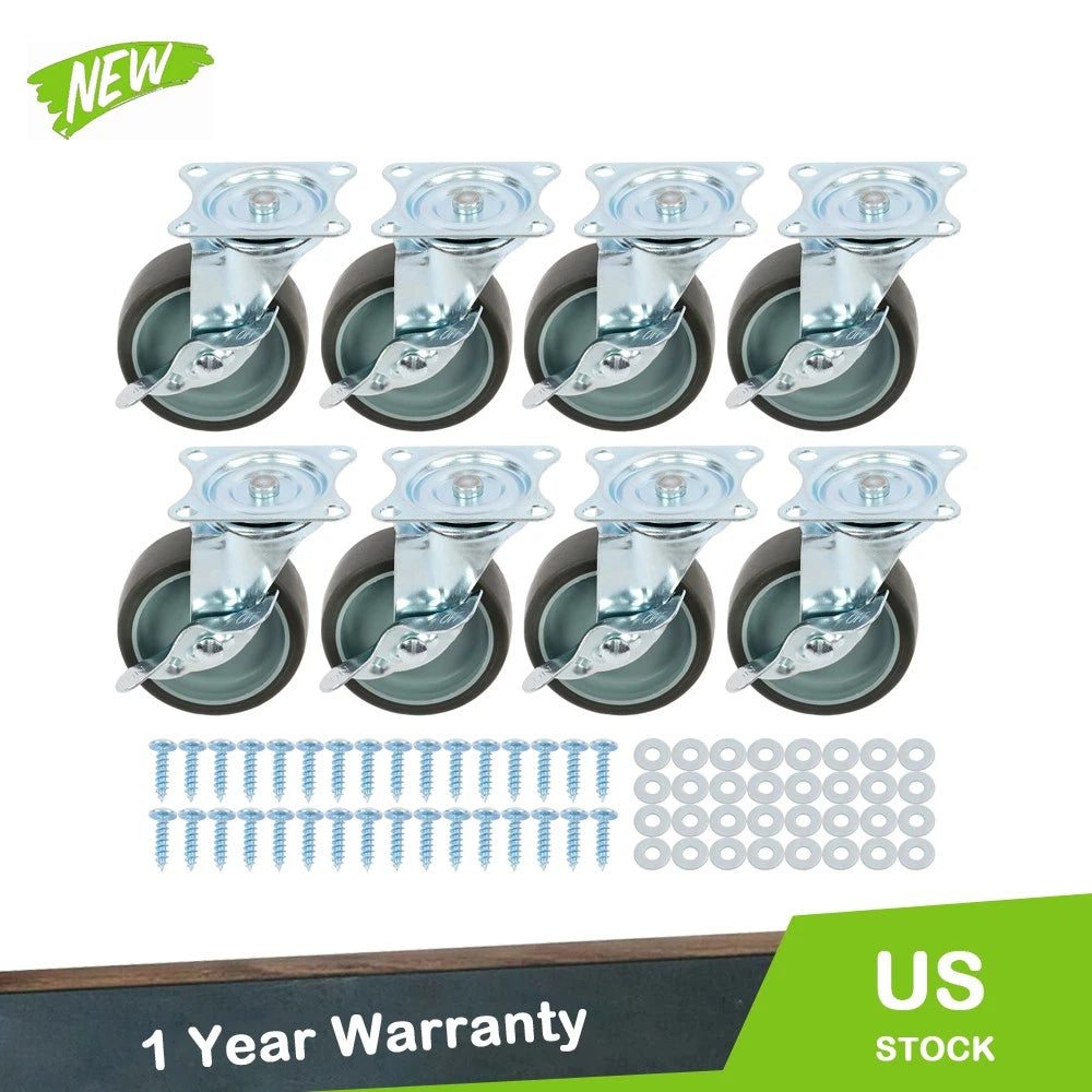 8 Pack Heavy Duty 3" Casters Wheels with Side Brake