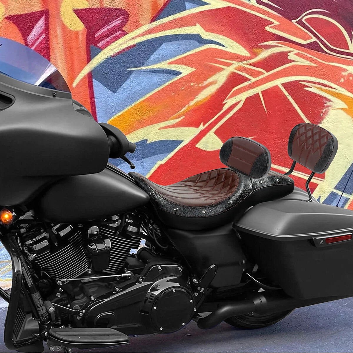 Driver Passenger Seat & Backrest Pad for Harley Touring (2009–2023) Brown Black