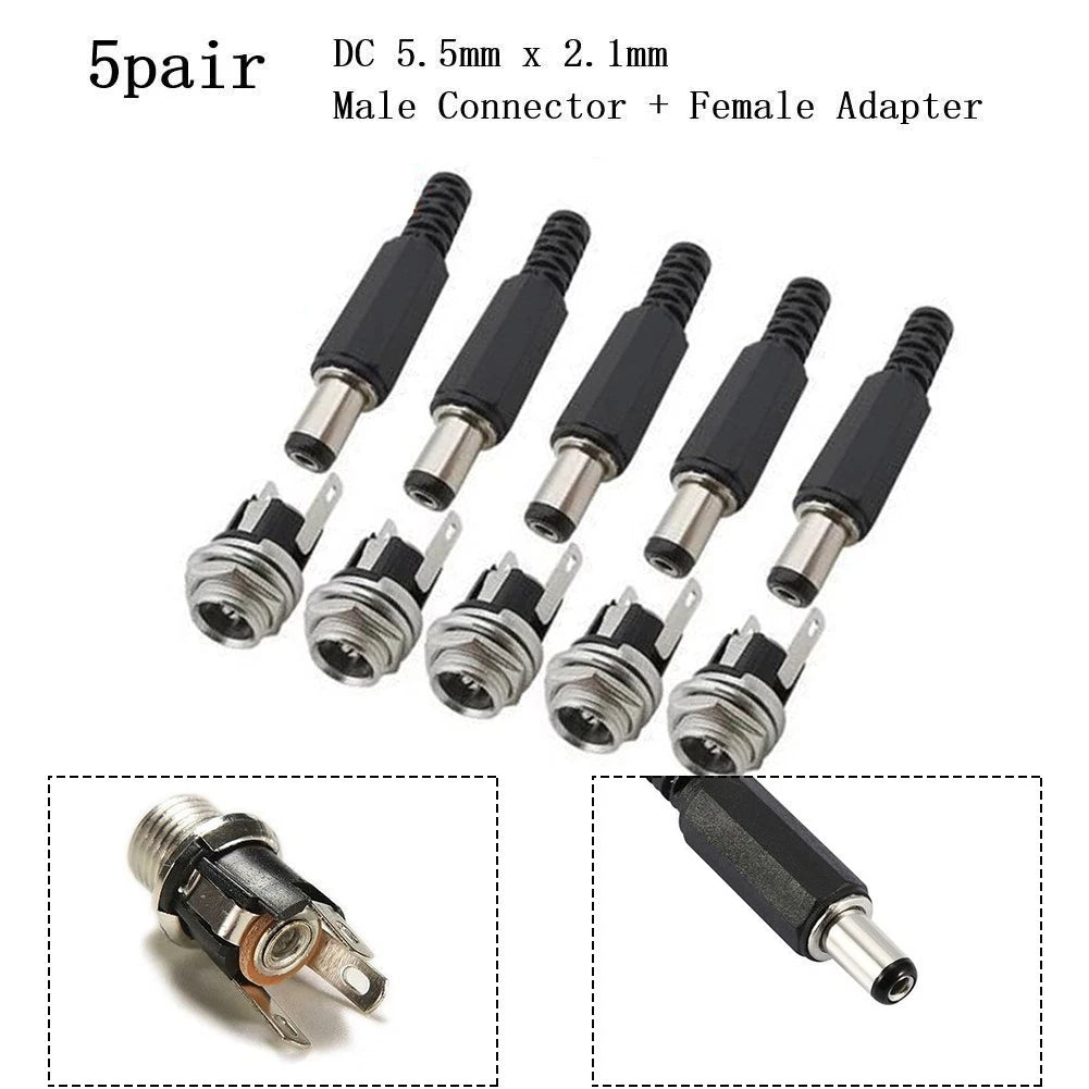 5 Pairs DC5.5 x 2.1mm Male Connector + Metal Female Terminal Adapter