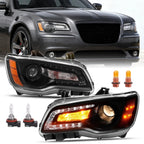 Set of 2 Black LED DRL Projector Headlights for Chrysler 300 (2011–2023)