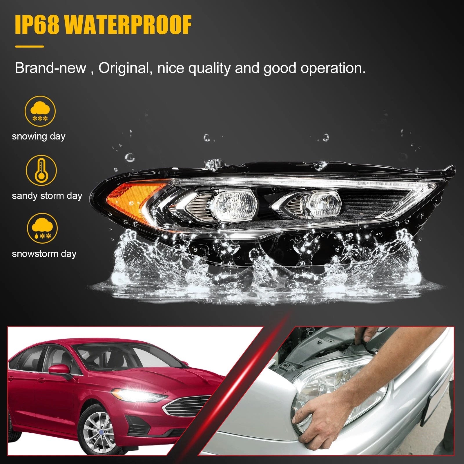 Right Passenger Side Full LED Black Amber Headlight for Ford Fusion (2017–2020)