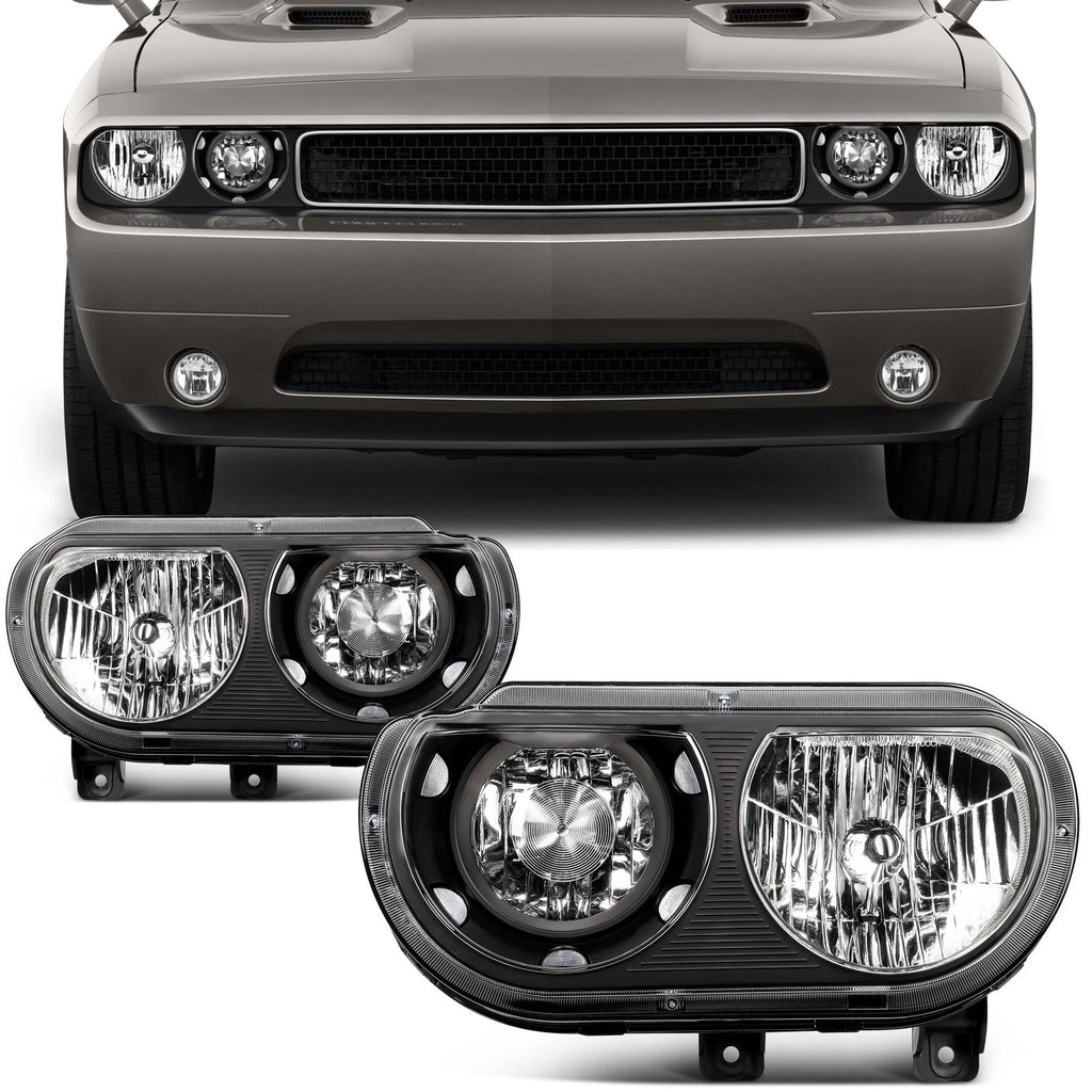 Headlight Assembly Pair for Dodge Challenger (2008–2014) Black Halogen