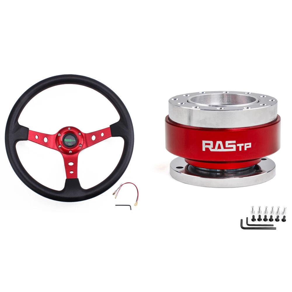 Deep Dished Red Racing Steering Wheel with Quick Release Adapter Kit