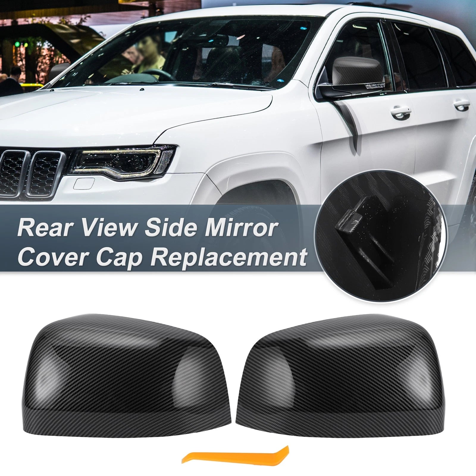 Set of 2 Rearview Mirror Cover Caps Black Carbon Fiber for Jeep Grand Cherokee (2011–2021)