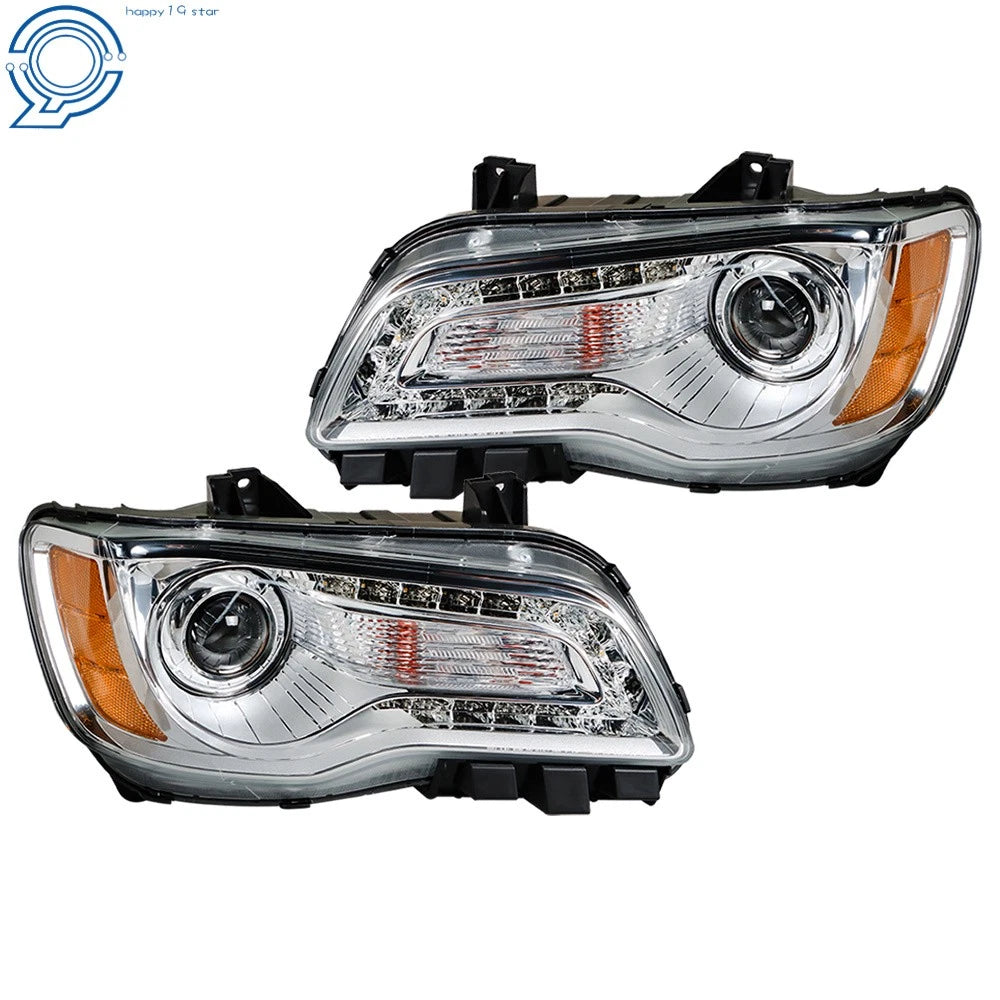 Set of 2 Headlight Assemblies for Chrysler 300 (2011-2014) Halogen Chrome Clear