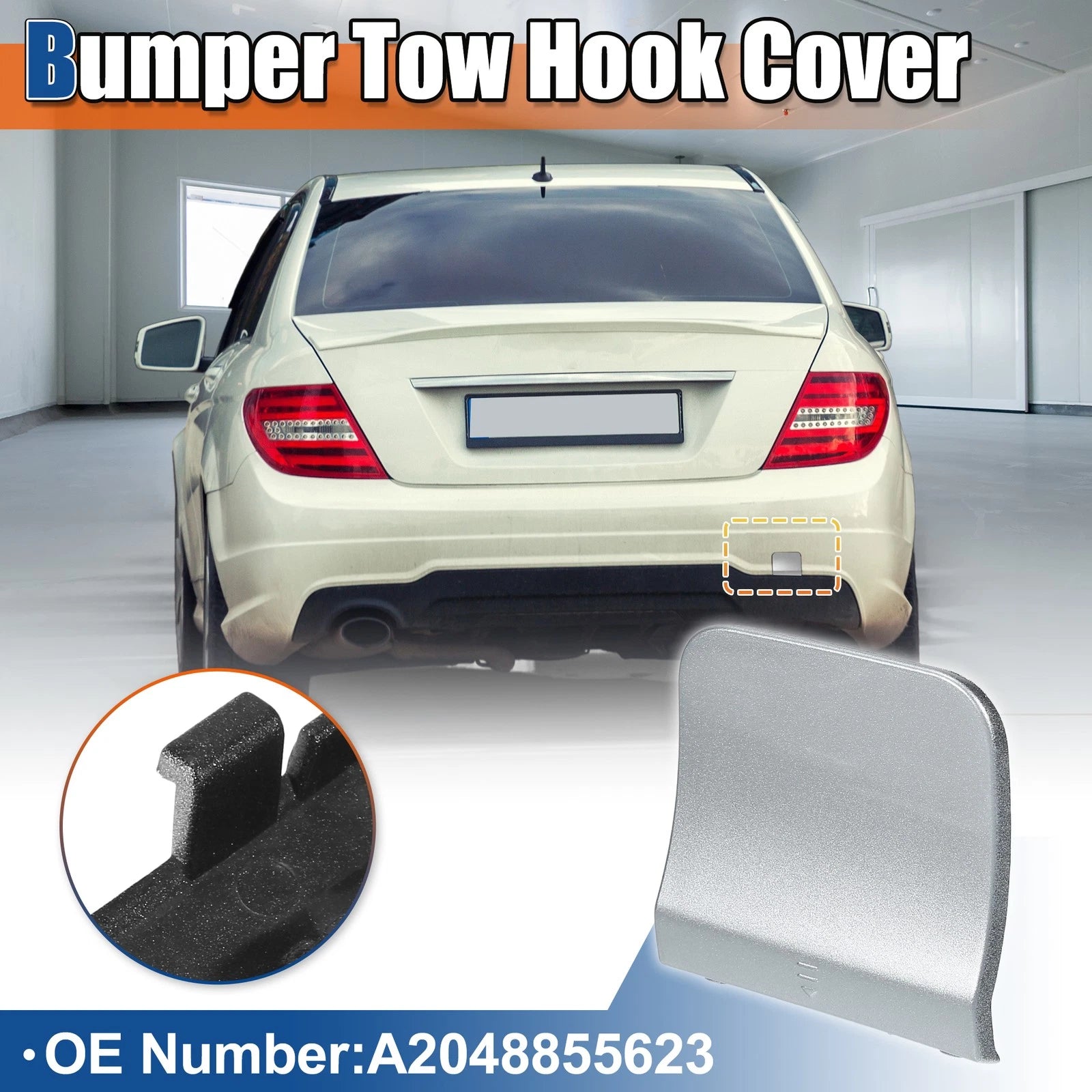 Rear Car Bumper Tow Hook Cover for Mercedes-Benz (A2048855623) Silver Tone