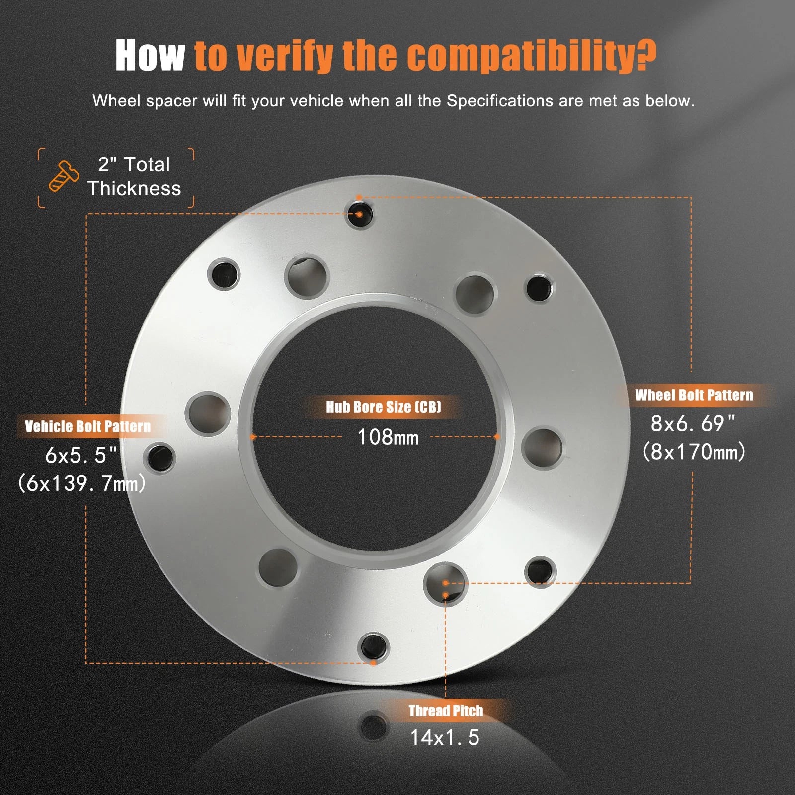 2X 2" Wheel Adapters 6x5.5 to 8x170 14x1.5 for Chevrolet Silverado 1500 Tahoe