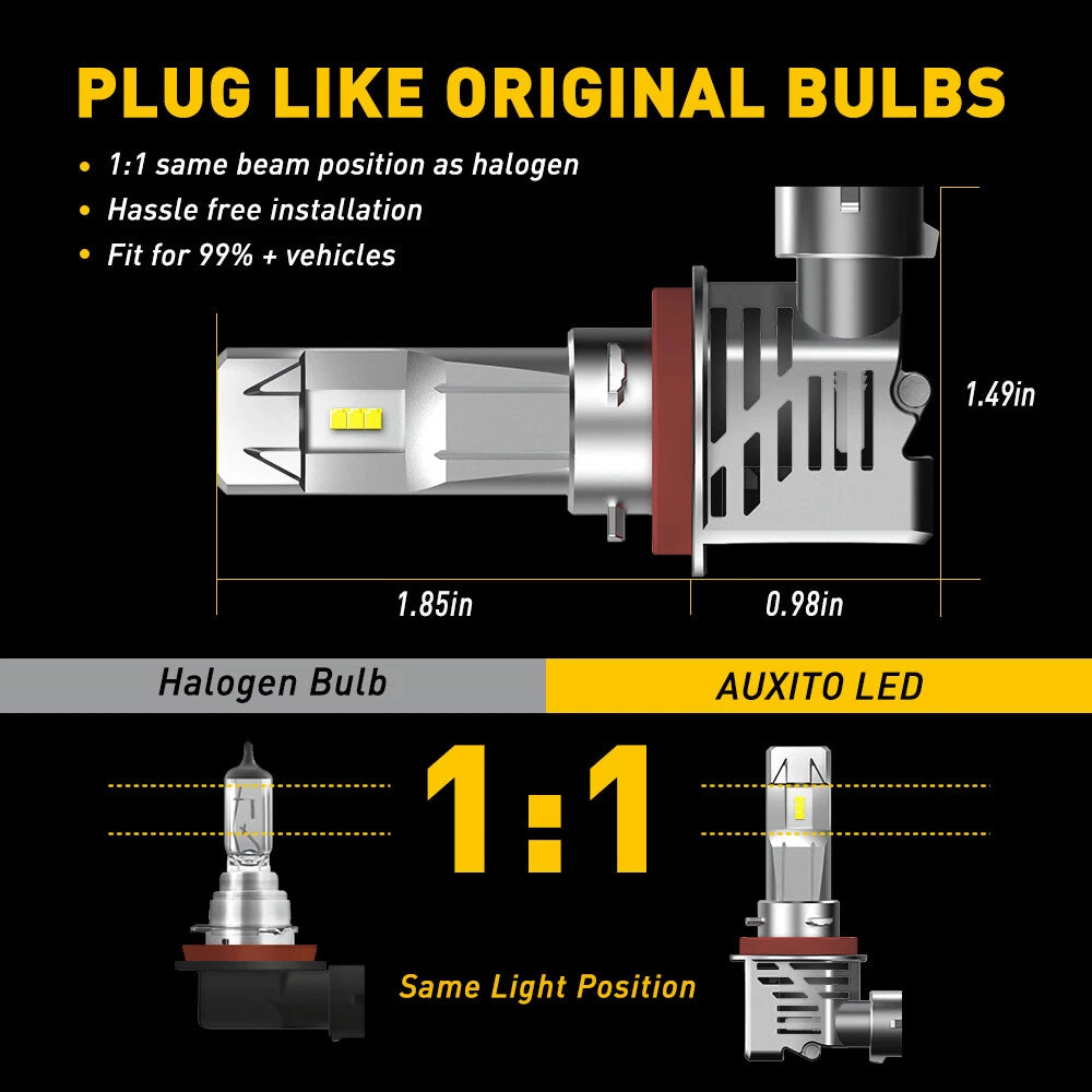 2X H11/H8 LED Headlight Bulbs for Low Beam (6500K, 24000LM)