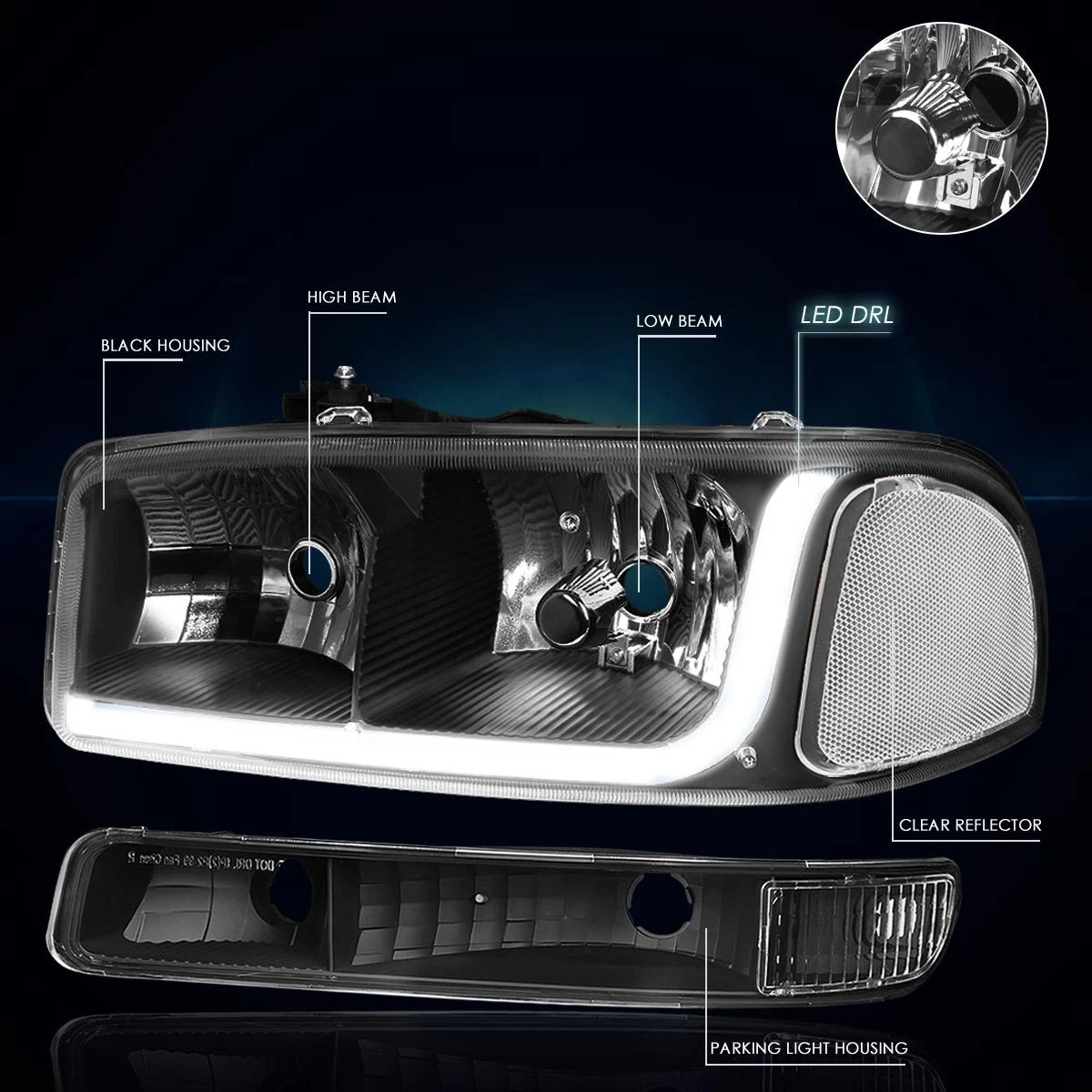 LED DRL Headlight with Bumper Signal Lamps for GMC Sierra/Yukon (1999–2007)
