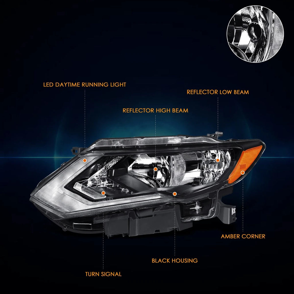Left Side Headlight for Nissan Rogue (2017–2020) OE Style Black Housing Amber Corner