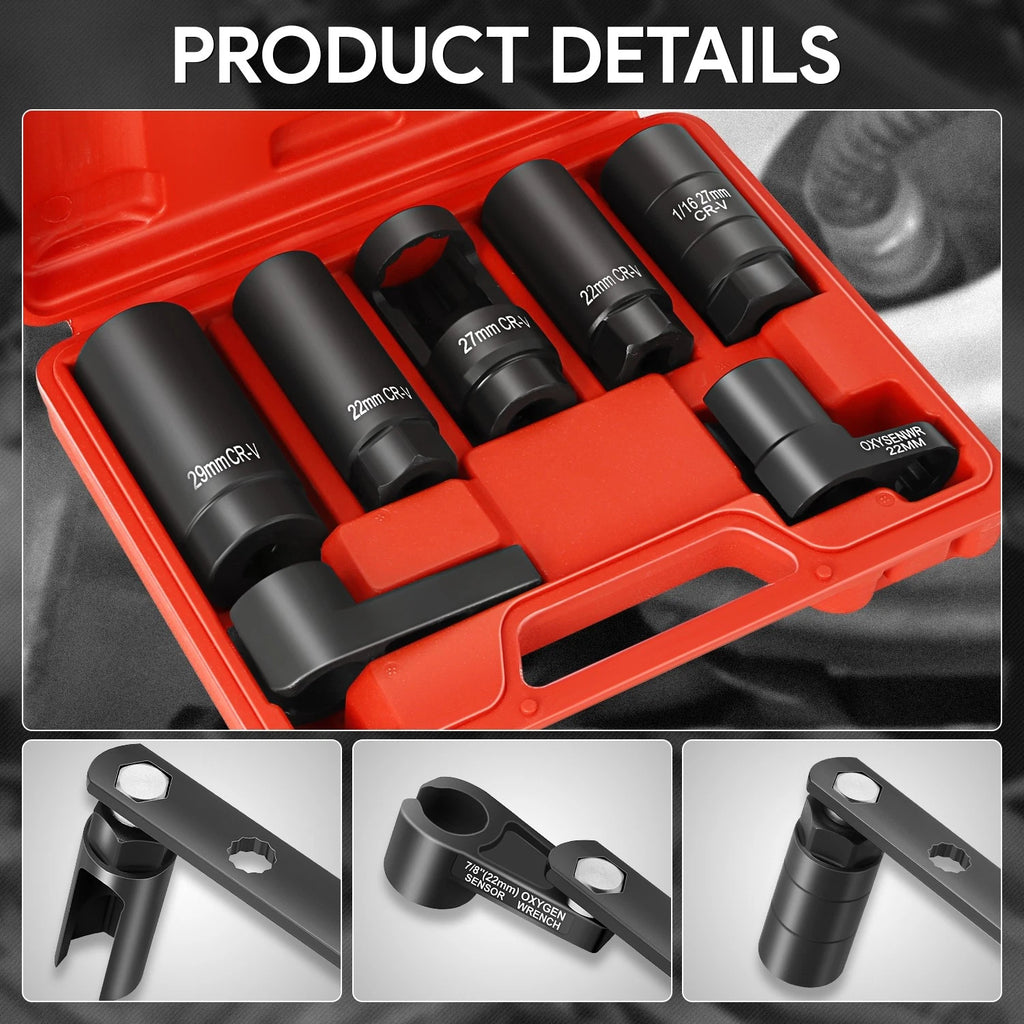7-Piece Oxygen Sensor Socket Removal Wrench Tool Set for
