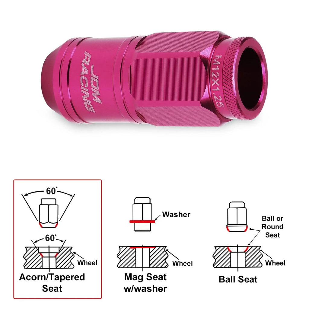Set of 20 M12X1.25 Pink JDM Open End Cone Wheel Lug Nuts + Spline Locks + Key