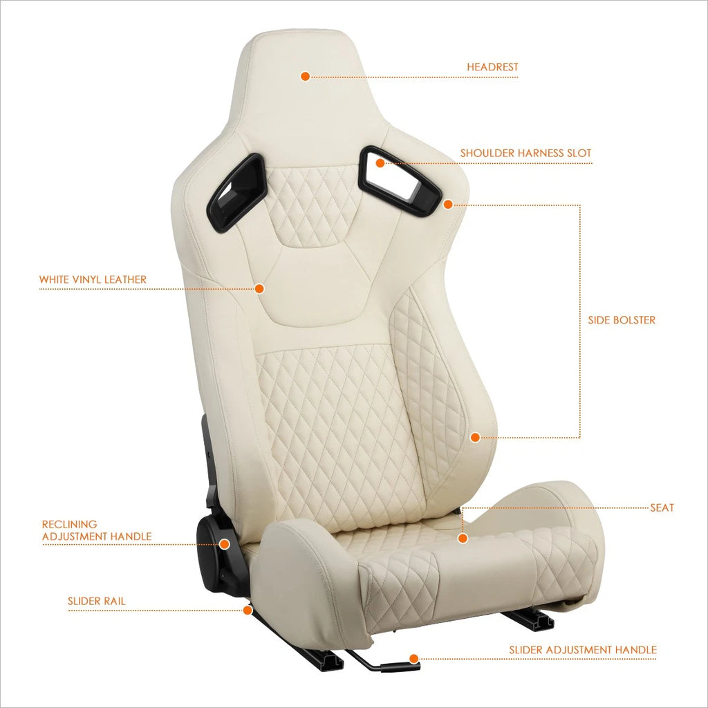 2Pcs Reclinable Racing Seats for Universal Fit (Leather, White)