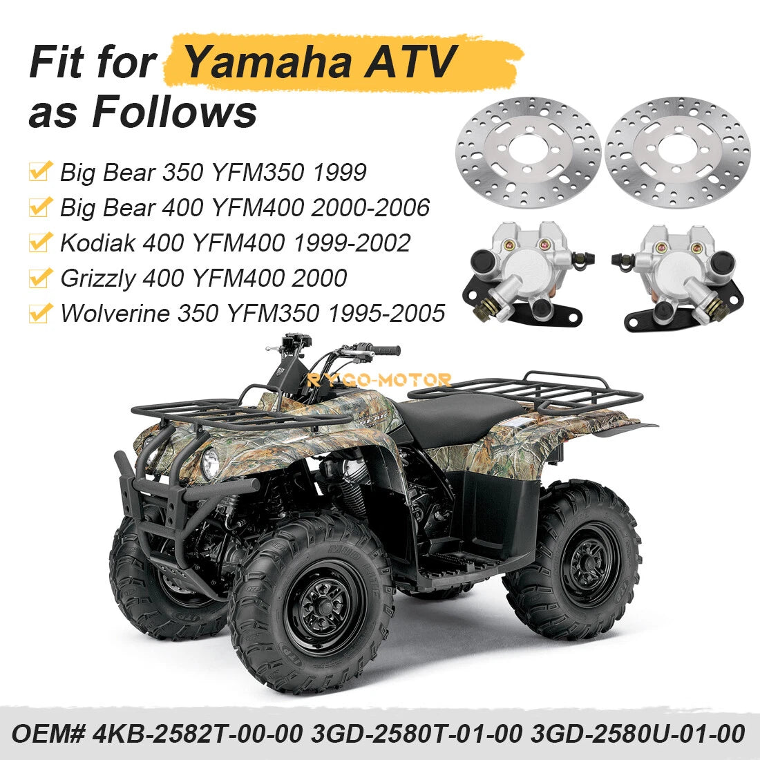 Front Brake Calipers & Disc Rotors for Yamaha Kodiak 400 YFM400 (1999–2002)