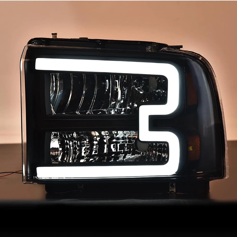 LED DRL Black Headlights for Ford F250 F350 F450 F550 Super Duty (2005–2007)