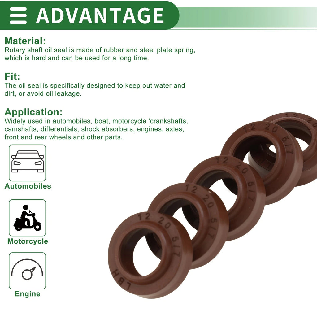 Set of 5 Oil Seal Rotary Shaft Seal FKM Rubber 12x20x5mm