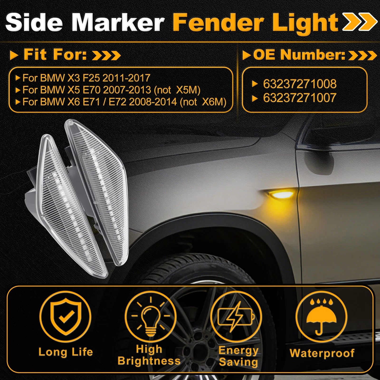 Side Marker Fender Light 63237271008 for BMW X3 F25 (2011–2017) Transparent Lens
