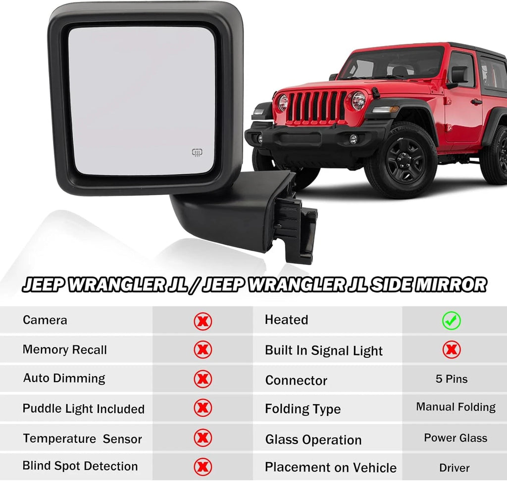 Pair Power Heated Mirrors for Jeep Gladiator Wrangler JL (2018–2023)