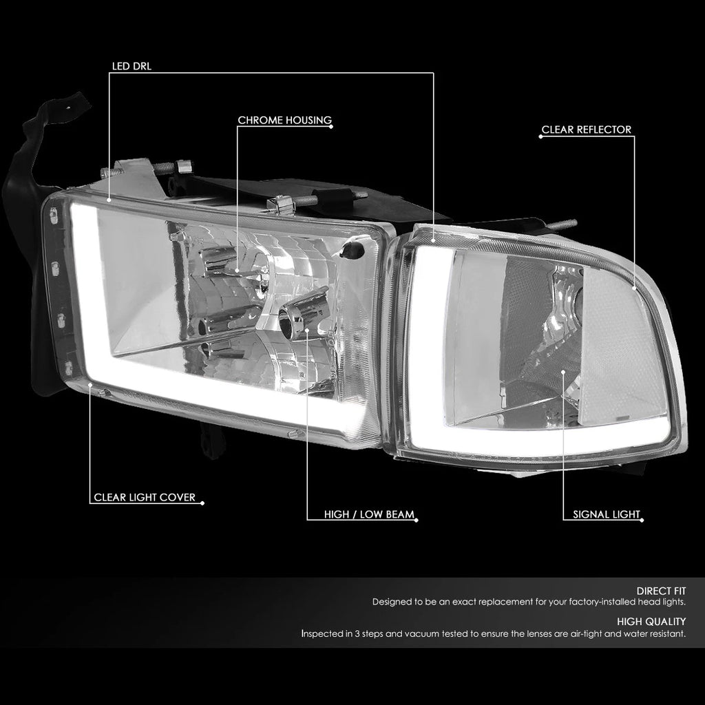 LED DRL Headlights for Dodge Ram Truck (1994–2002) Chrome Housing Clear Corner