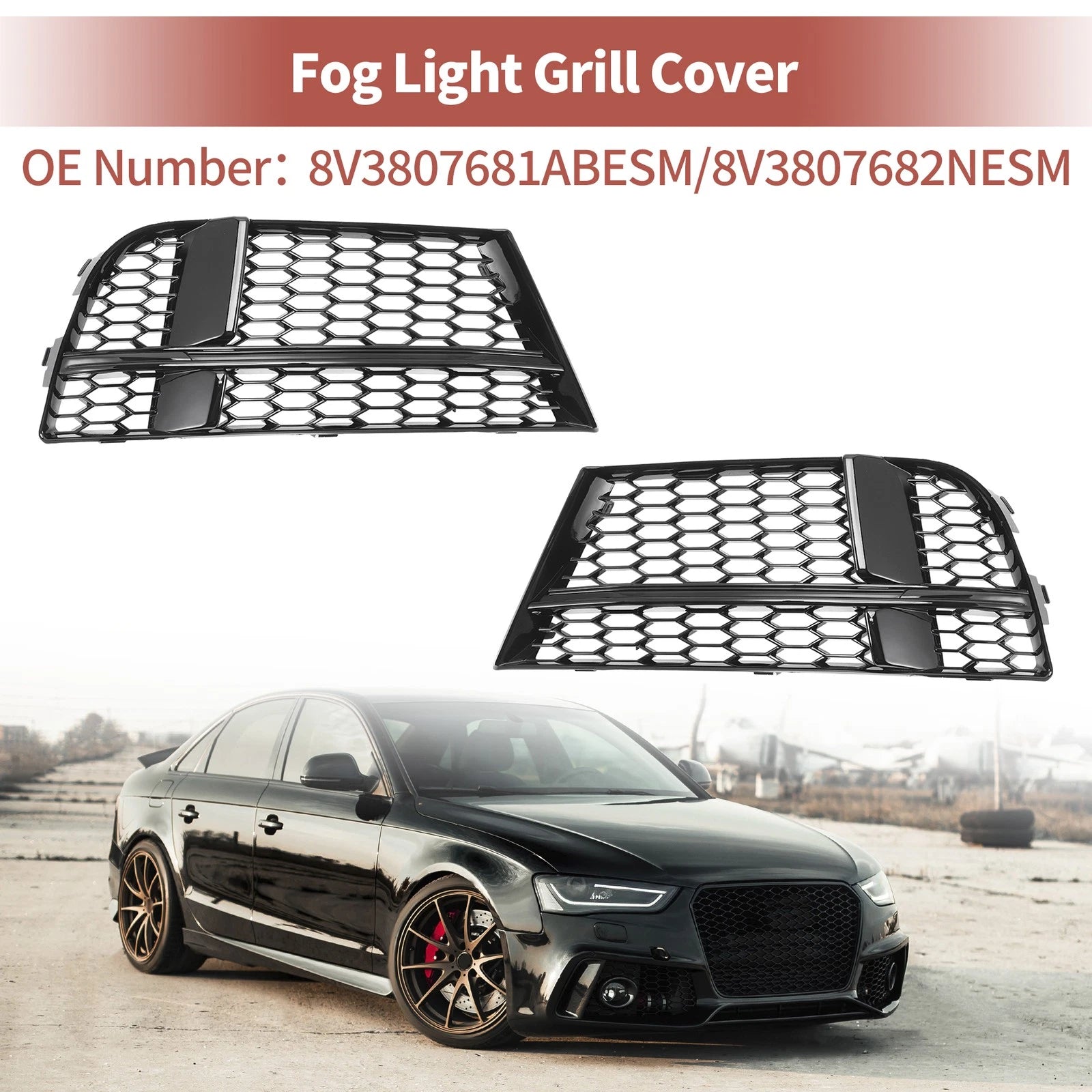 1 Pair Front Fog Light Grill for Audi A3 (2017–2020) No. 8V3807681ABESM Honeycomb
