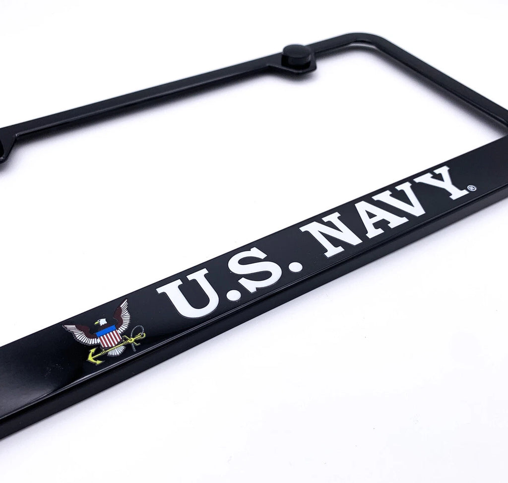 License Plate Frame Black Plastic US Navy Script for Universal Fit (Any Year)