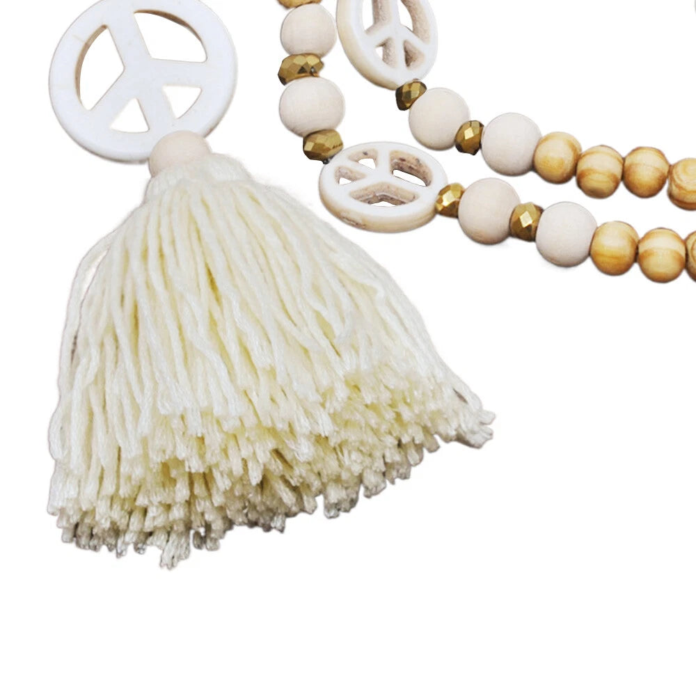 2X Bohemian Long Necklace Tassel Peace Sign Wood Beaded Fringe Pendant