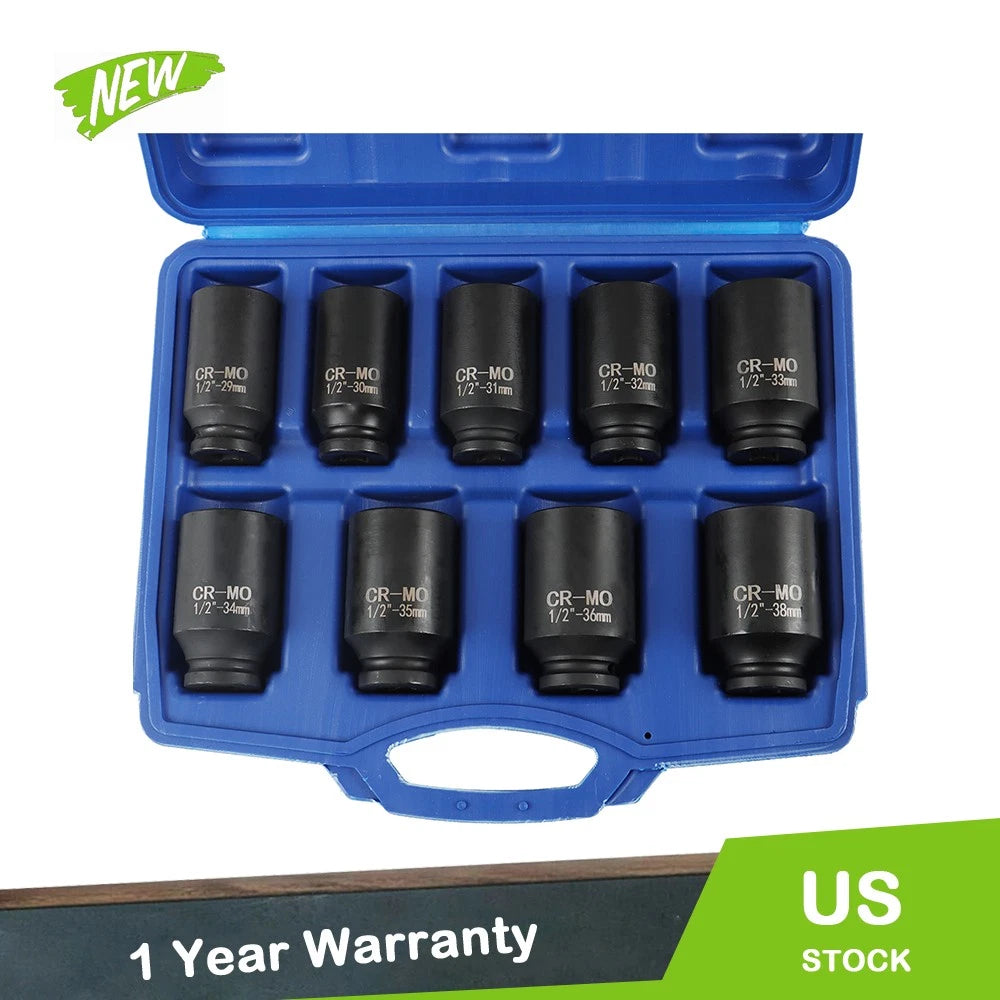 9Pc Deep Impact Socket Tool Set for Metric Axle Hub Nut (29-38mm)