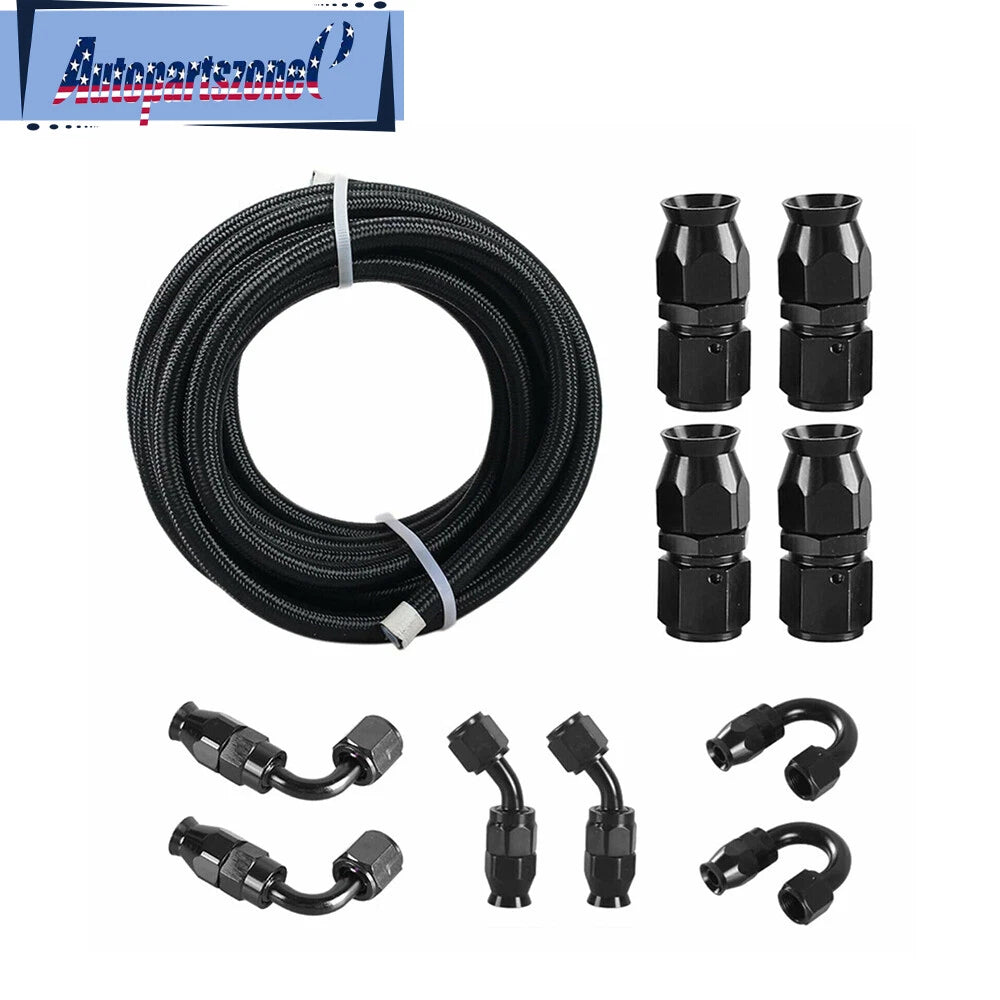 20FT Black 8AN Nylon Braided E85 PTFE Fuel Line Hose Kit with 10 Fittings