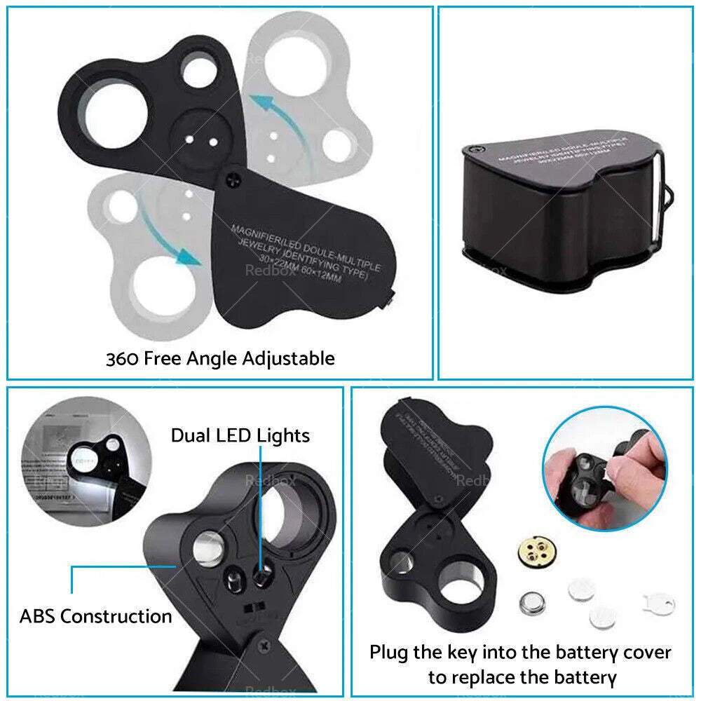 60X 30X LED Pocket Jewellers Eye Loupe Magnifier for Jewelry