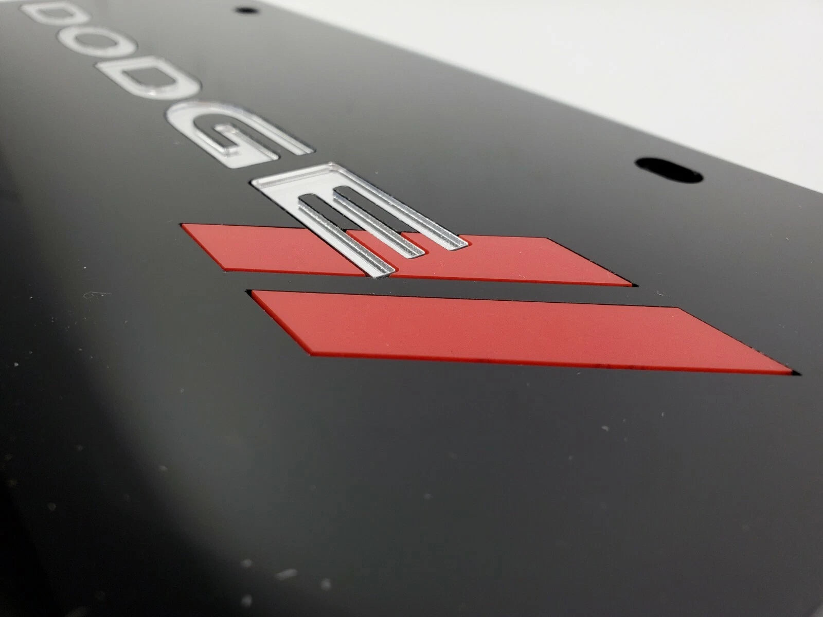 Acrylic Premium Black License Plate for Dodge with Mirror Red Script Emblem (2000–2024)